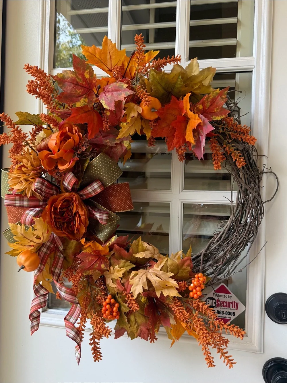 Harvest Orange and Gold Fall Wreath with Plaid Ribbon